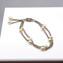 Dainty Vintage Double Strand Bracelet, White Pearl &amp; Silver Tone Chains - £20.03 GBP