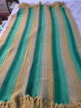 Handmade Crochet Afghan Gold Green Brown Beige Stripes Hand Tied Fringe 70&quot;x42&quot; - $11.75