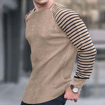 Striped Stitching Long Sleeve Men&#39;s Cotton Knitwear Casual Fashion Round Neck Me - £19.58 GBP