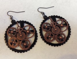 Steampunk Mixed Metal Earrings Round Hoop Gears Clock Gothic Handcrafted Pierced - £38.49 GBP