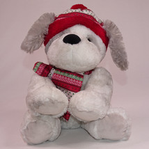 Hugfun St Jude Gray White Puppy Dog 12&quot; Joey Red Hat Scarf Stuffed Plush Animal  - £8.17 GBP