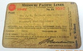 Missouri Pacific Railroad Lines Employee Pass 1942 J W Wallace JA9597 - £15.70 GBP