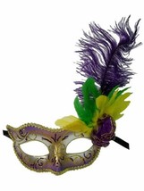 Purple Gold Yellow Green Mardi Gras Feather Flower Masquerade Mask - £15.49 GBP