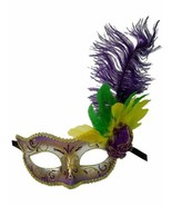 Purple Gold Yellow Green Mardi Gras Feather Flower Masquerade Mask - £15.15 GBP
