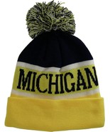 Michigan Wide Stripe Winter Knit Pom Beanie Hat (Dark Blue/Gold) - £15.94 GBP