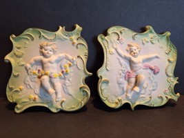 Vintage Pair of Lefton Bisque 5&quot;X 5&quot; Wall Plaques of 3D Cherubs/Angels #7758  - £42.68 GBP