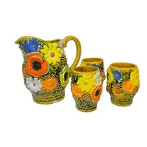 VTG 1960’s Inarco Poppy Daisy Floral 6.5” Pitcher &amp; 3 3/4” Cups (3) Wick... - £17.07 GBP