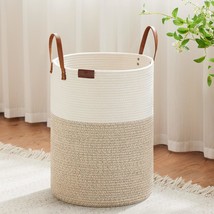 Tall Laundry Basket, Large Dirty Clothes Hamper With Leather Handle, Woven Rope  - £43.95 GBP