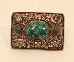 Tibetan Buddhist repousse silver and turquoise buckle - £508.92 GBP