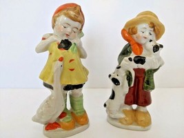 Vintage Porcelain Set Boy &amp; Girl Figurines Farm Puppies Goose Made in Japan 5&quot; - £11.82 GBP