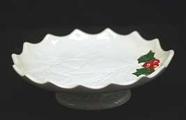 Vintage Holland Mold White Christmas Holly Berries Footed Cookie Serving... - £15.56 GBP