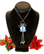 Blue Stained Glass ANGEL Pendant Vintage NECKLACE Silvertone Chain Dangle Tassel - £20.91 GBP