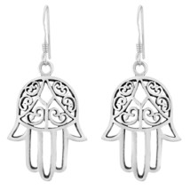Gorgeous Swirly Hamsa Hand of Protection Sterling Silver Dangle Earrings - £17.16 GBP