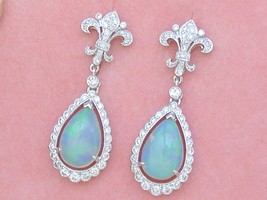 Art Deco 1ctw Diamond Fleur De Lis 3.5ctw Opal Pear Drop Stud Dangle Earrings - £1,975.21 GBP