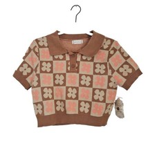 Altar&#39;d State Brown Peach Mod Print Cropped Henley Sweater Small NEW - £30.05 GBP