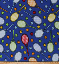 Multi-Colored Tennis Rackets Balls Royal Blue Sports Fleece Fabric Print... - $6.97
