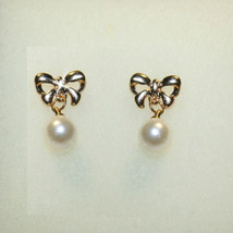 Created White Pearl Bow Dangle Pierced Earrings 14k Yellow Gold over Base - $24.49