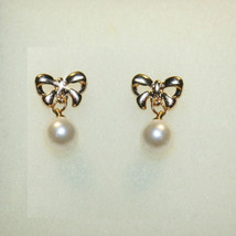 Created White Pearl Bow Dangle Pierced Earrings 14k Yellow Gold over Base - £19.57 GBP