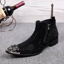 Fashion Rhinestone Metal Pointed Toe High Suede Leather Shoes Zip Black/Red Boot - £147.63 GBP