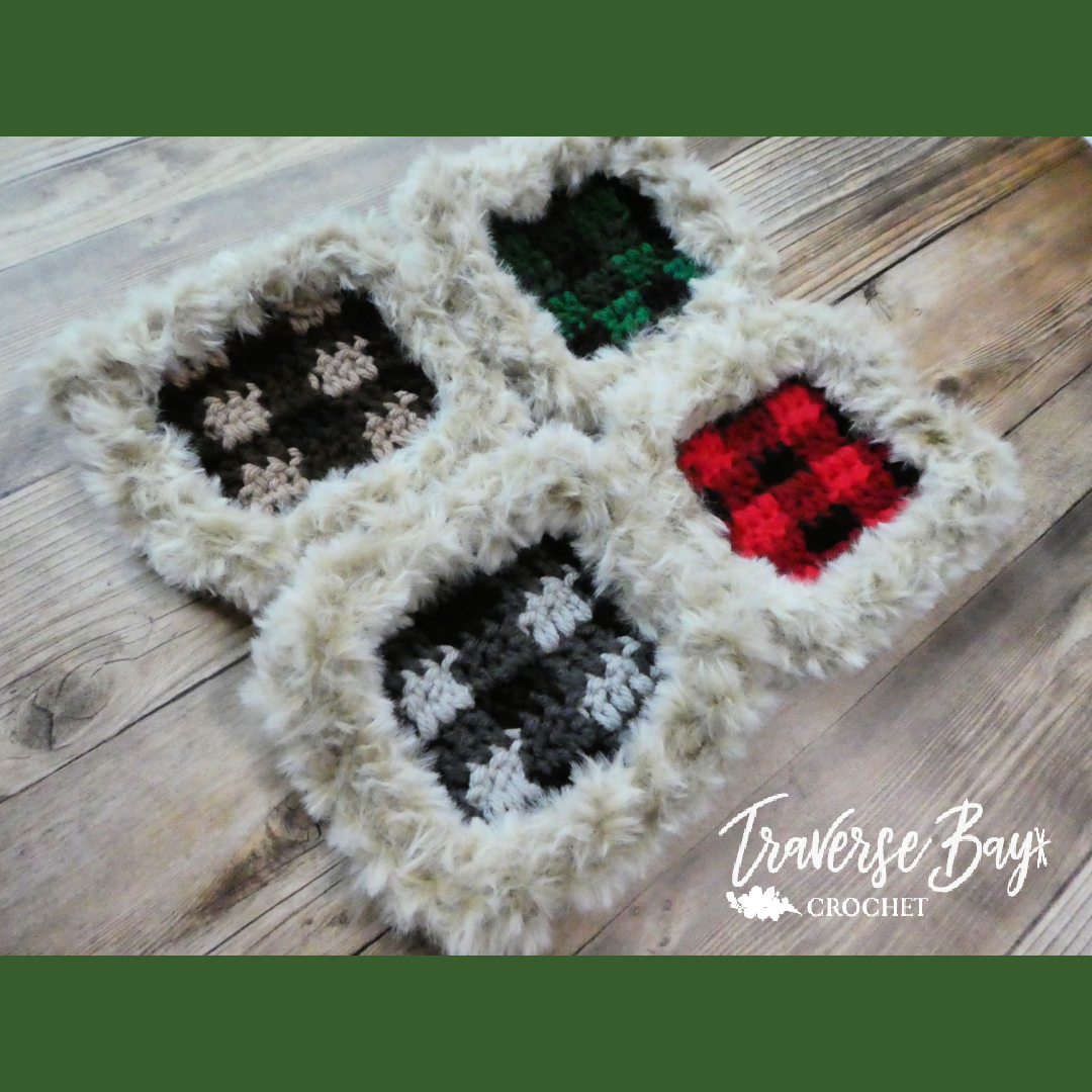 Crochet plaid faux fur coasters PATTERN ONLY - £6.30 GBP