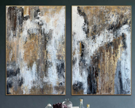 Set of 2 Abstract Paintings on Canvas Gold Leaf Art Set Large | ENERGY F... - £546.75 GBP