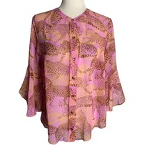 Cabi Leopard Minx Sheer Blouse Top M Lilac Flutter Half Sleeves Button Up - £32.79 GBP