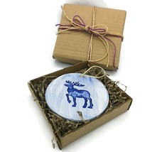 Round Blue Wall Hanging Christmas Ornament With Reindeer Design Handmade Ceramic - £26.57 GBP