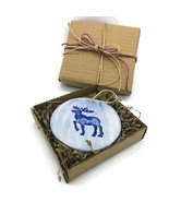 Round Blue Wall Hanging Christmas Ornament With Reindeer Design Handmade... - £26.56 GBP