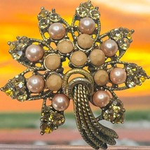 Vtg Peach Pearl Tassel Floral Goldtone Costume Brooch Pin - $20.45
