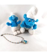 Vintage 1980&#39;s SMURF 5&quot; &amp; 7&quot; Plush Bean Bag Pevo Wallace Berrie + Necklace - $25.70 CAD