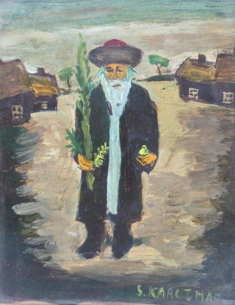 Vintage Simon Karczmar Judaica Painting, Chassid and Sukkot Daled Minim, 20 x 16 Item image 2