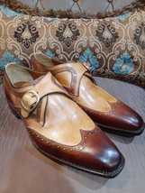 Handmade Men&#39;s Wingtip Single Monk Strap Shoes Leather Tan &amp; Brown Dress Shoes - £103.18 GBP