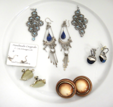 Vintage Earring Lot of 6 Coro Citron Leaf Blue Gemstones Rhinestones Dangle Nice - £7.40 GBP