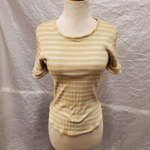 Vintage Women&#39;s Stretchy Cotton Orange and Blue Striped Shirt Size Medium - $24.74