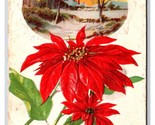 Joyful Christmas Large Poinsettia Cabin Scene Embossed DB Postcard U27 - $3.91