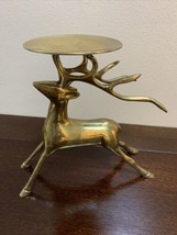 Solid Brass Christmas Reindeer Pillar Candle Holder Heavy Home Decor 7” ... - $20.78
