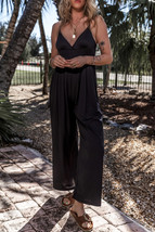 Black Wide Leg High Waist Sexy V Neck Cami Jumpsuit - $333.75 MXN