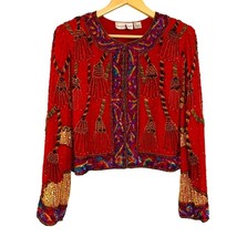 Vintage Laurence Kazar NY Beaded Red Rainbow Cropped Suit Silk Blazer Ja... - £75.36 GBP