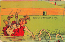 Come On In The Water Is FINE-WOMAN Has Bicycle Accident~Comic Postcard - £8.00 GBP