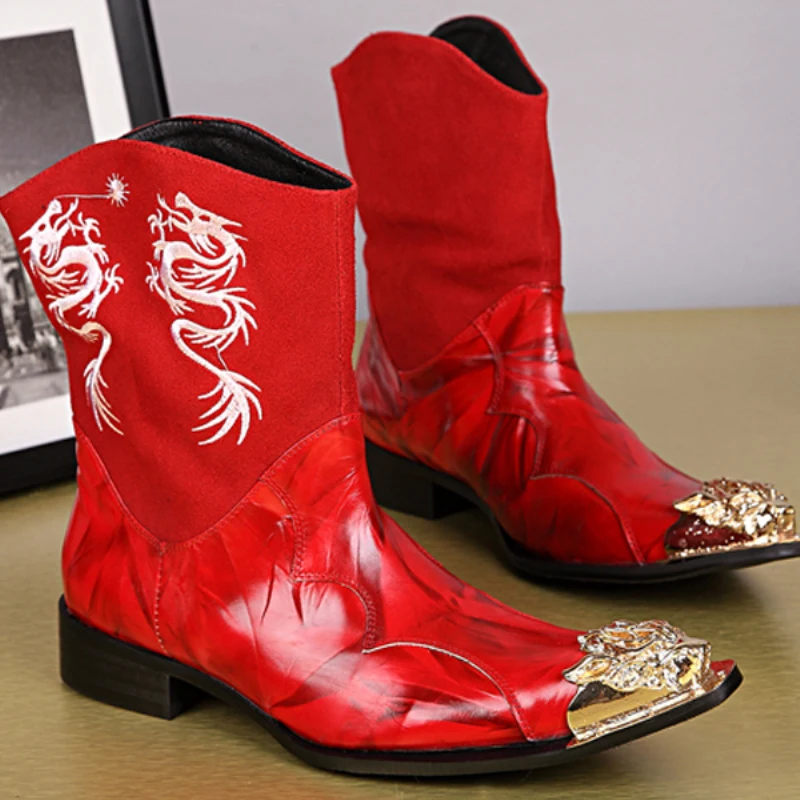 Christia Bella Plus Size British Pointed Toe Man Red Leather Boots Fashion Embro - £284.31 GBP