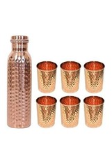 Asravik-One Hammered Ayurvedic Copper Bottle 1 Litre &amp; Six Glasses - $42.29