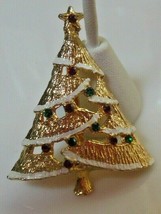 Vintage Christmas Tree Brooch Gold-tone Textured Enamel W/Rhinestones - £13.47 GBP