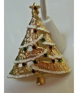Vintage Christmas Tree Brooch Gold-tone Textured Enamel W/Rhinestones - $23.33 CAD