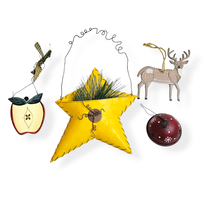 Rustic Christmas Ornaments 4 Piece Lot Metal Basket Deer Bell Apple Holiday - £22.15 GBP