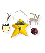Rustic Christmas Ornaments 4 Piece Lot Metal Basket Deer Bell Apple Holiday - £22.08 GBP