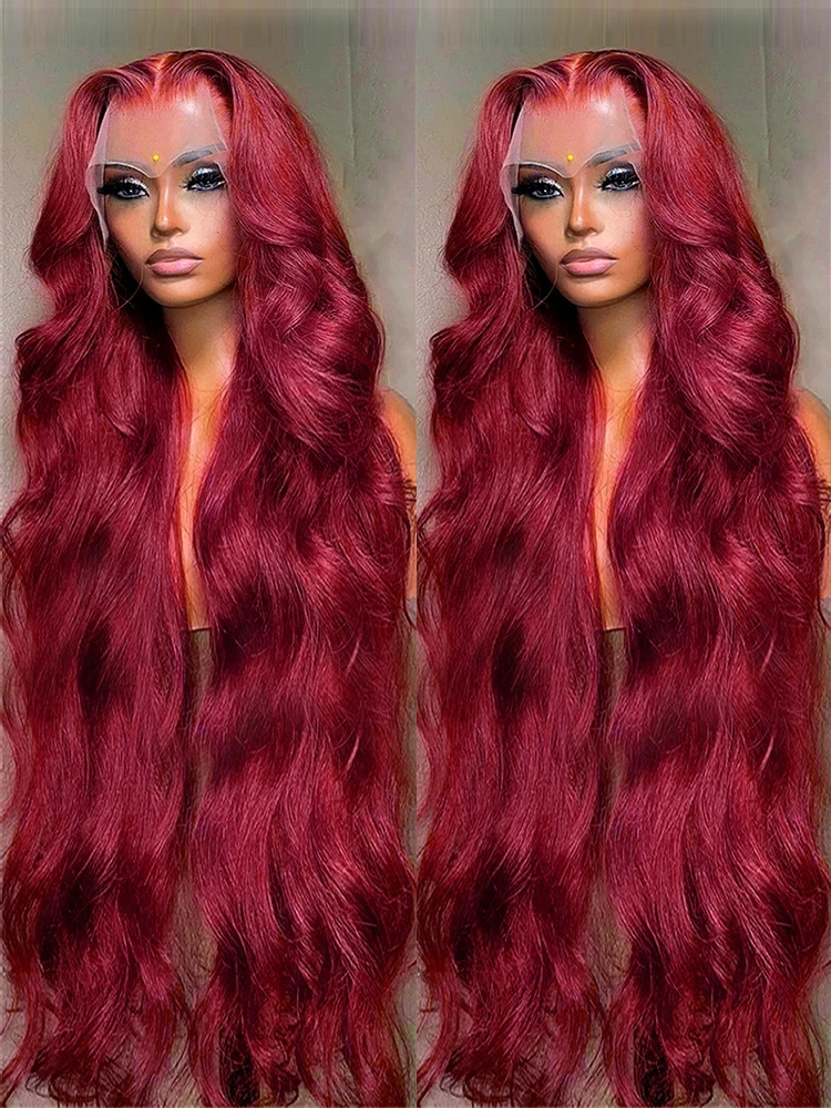 30 36 Inch Burgundy Body Wave Red Lace Front Human Hair Wig 99J Colored 13 - £67.95 GBP+