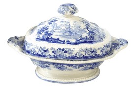 c.1850 Blue Transferware Covered Vegetable dish Chinoiserie pattern - £183.48 GBP