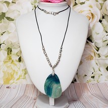 Blue Dyed Dragon Vein Agate Stone Pendant on Black Cord Necklace 32&quot; Long - £13.50 GBP