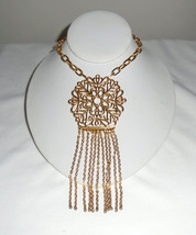Trifari Necklace Fringed Medallion With Tulips Vintage Statement Jewelry - £35.60 GBP