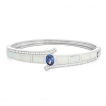 Sterling Silver White Inlay Opal with Center Oval Blue Topaz Bangle Bracelet - £231.60 GBP